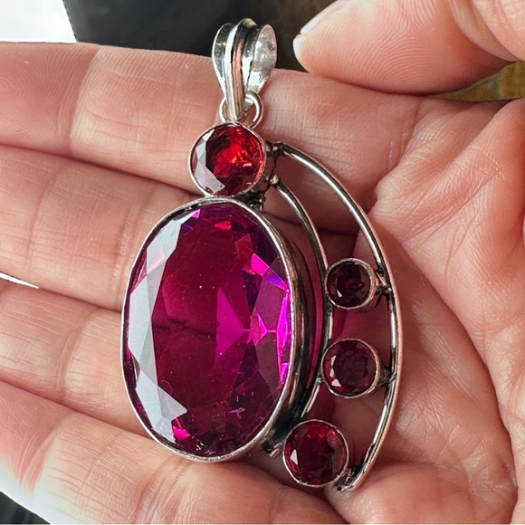 Artisan Silver tone Pendant with Vibrant Pink Crystal and Red Accents - Picture 4 of 7